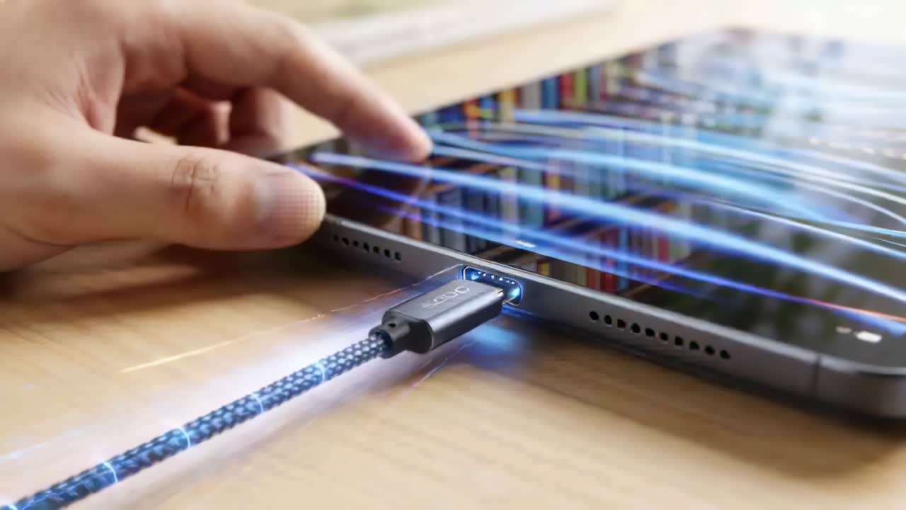 Fingertip hovering, hand inserting illuminated USB-C into tablet side port at desk showing charging