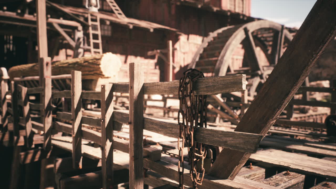 나무 구조물 과 장비 를 가진 오래된 물 밀 의 상세 한 시각