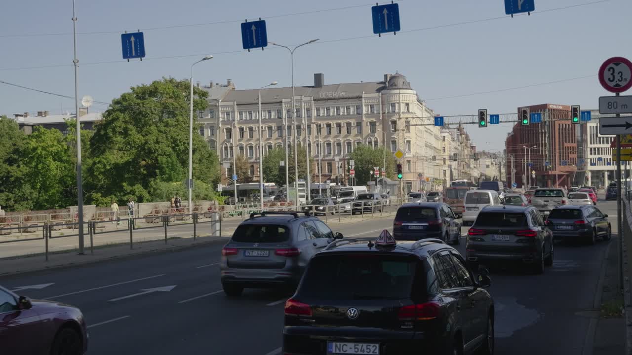 Heavy traffic on street in Riga, Latvia, during rush hour
