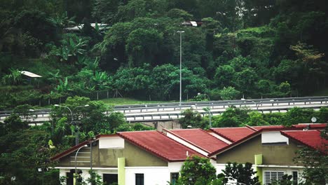 área residencial cerca de una autopista_cruce de autos_pájaro volando_rutina matinal_fuera al trabajo_toma general_50fps