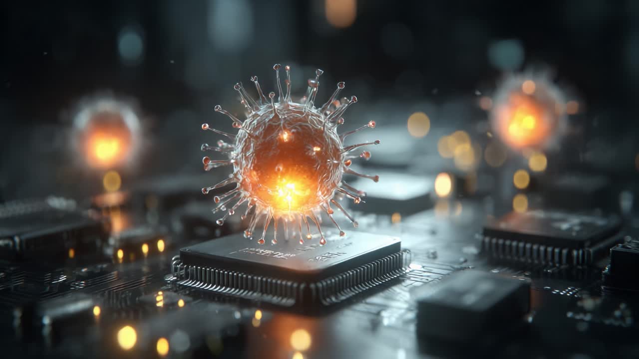 En dramatisk visualisering af mikrobiel interaktion med teknologi på et printkort, der fremhæver kompleksiteten af virus- og chipdynamik i et futuristisk miljø