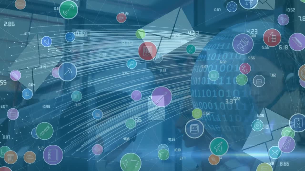 전화 헤드 ⁇ 을 사용하는 비즈니스 사람들에 대한 아이콘과 연결 네트워크의 애니메이션