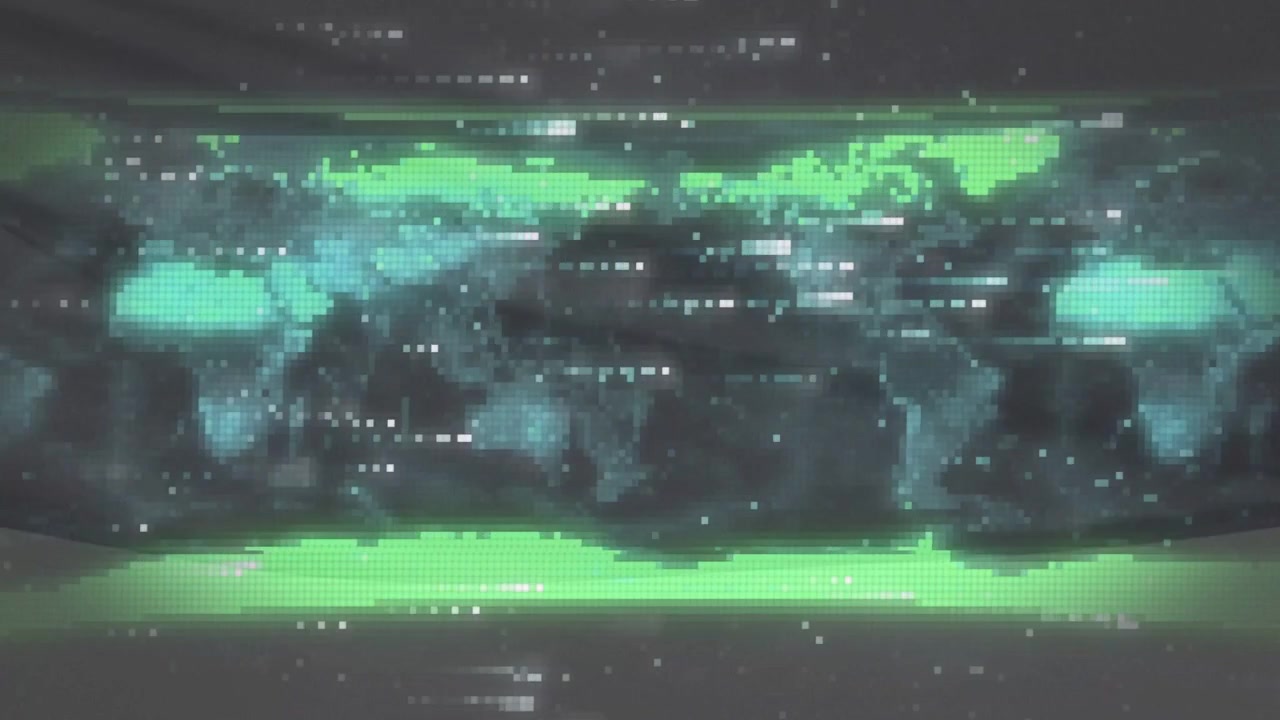 Mappa globale stilizzata che reagisce a bande verdi pulsanti, linee di scansione con glitch e dati lampeggianti da scansionare.