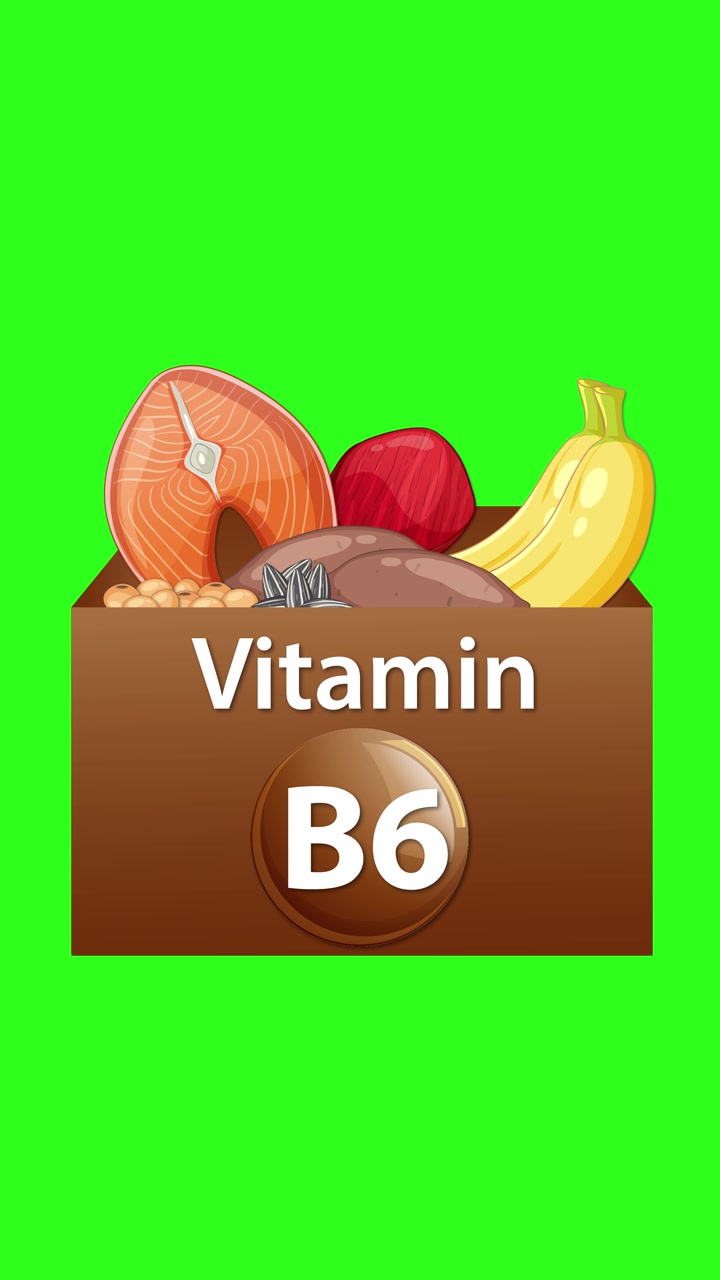 Scatola etichettata Vitamina B6 si riempie di cibi sani, animazione fluida, sfondo verde brillante, vista frontale.
