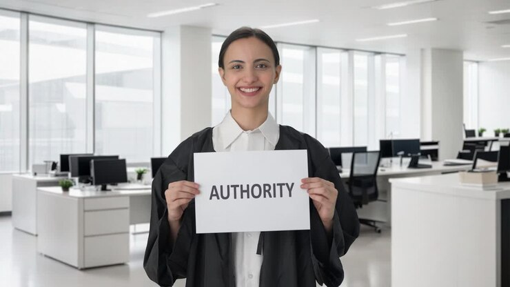 Happy Indian female lawyer holding AUTHORITY banner