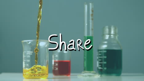 Animation of share text over beakers with liquid