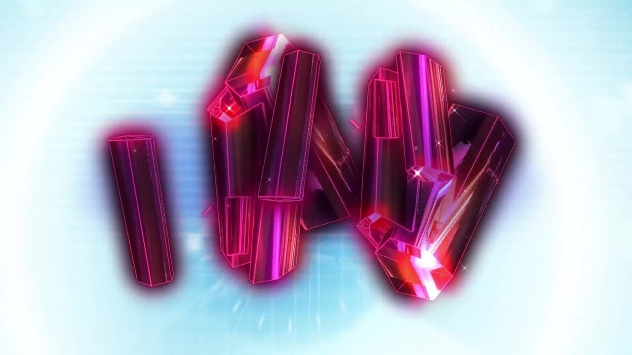 검은 바탕의 데이터 처리에 대항하여 분홍색으로 빛나는 크리스탈 모양의 디지털 애니메이션