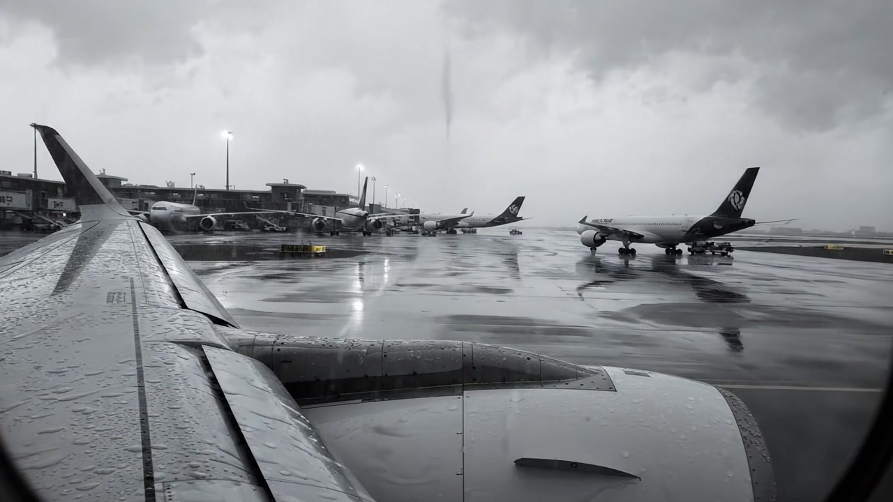 Vista drammatica dell'aeroporto con tempo piovoso: la prospettiva di un passeggero dal finestrino dell'aereo che cattura le intense operazioni in pista e i cieli coperti