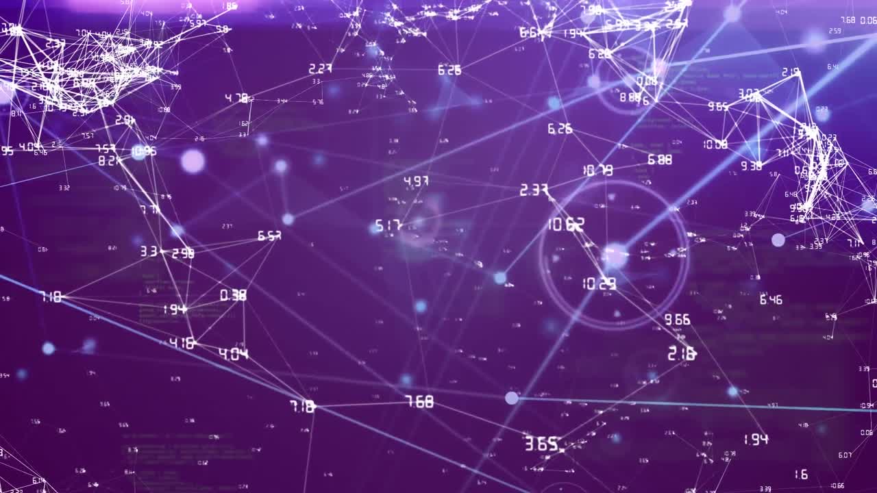 Animation of network of connections with blue nodes and data processing