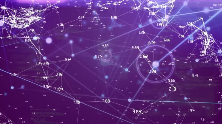 Animation of network of connections with blue nodes and data processing