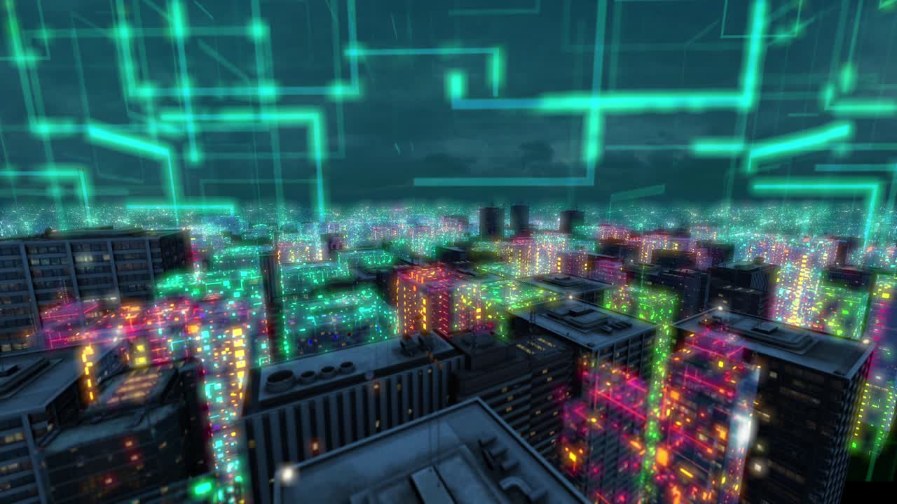 미래의 스마트 시티 사이버 공간 건물 풍경 애니메이션