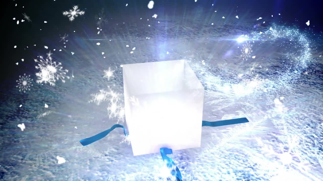 Opening gift box with blue ribbon over snowflakes animation