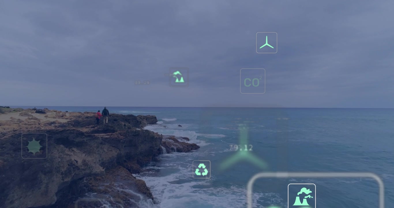 Couple walking coastal bluff while camera shifting, floating icons visualizing CO2 numeric readouts