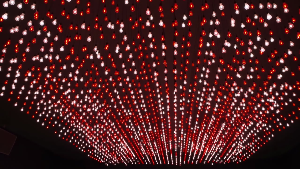 Red And White Led Ceiling Canopy Creates Immersive Pixel Matrix Of Suspended Lights With Rhythmic Pulsing