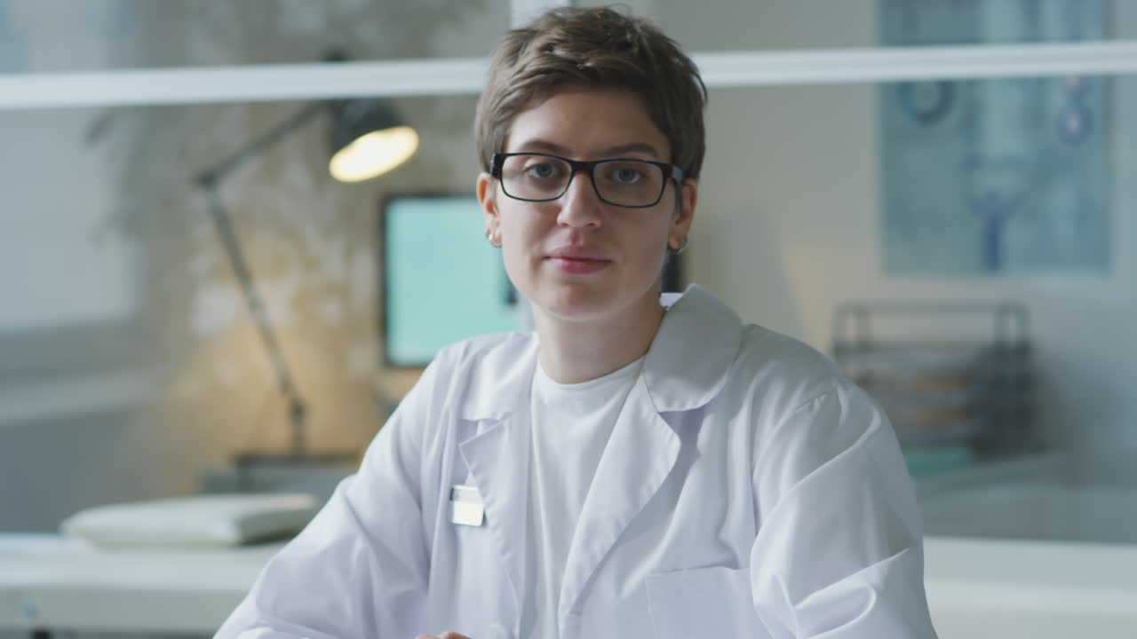 Scientist in lab coat working at desk