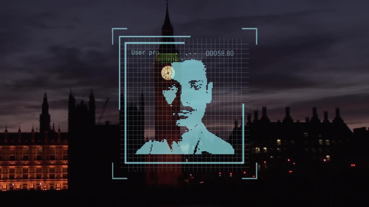 Animaatio biometrisestä valokuvasta ja tiedonkäsittelystä Lontoon kaupunkimaiseman päällä.