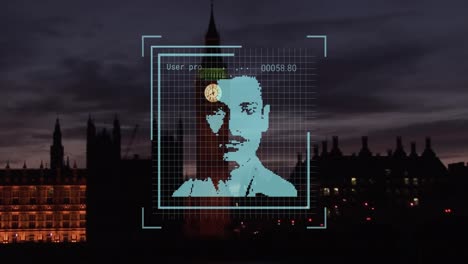 Animation-of-biometric-photo,-data-processing-over-london-cityscape