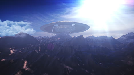 alien spaceship over a mountainous landscape