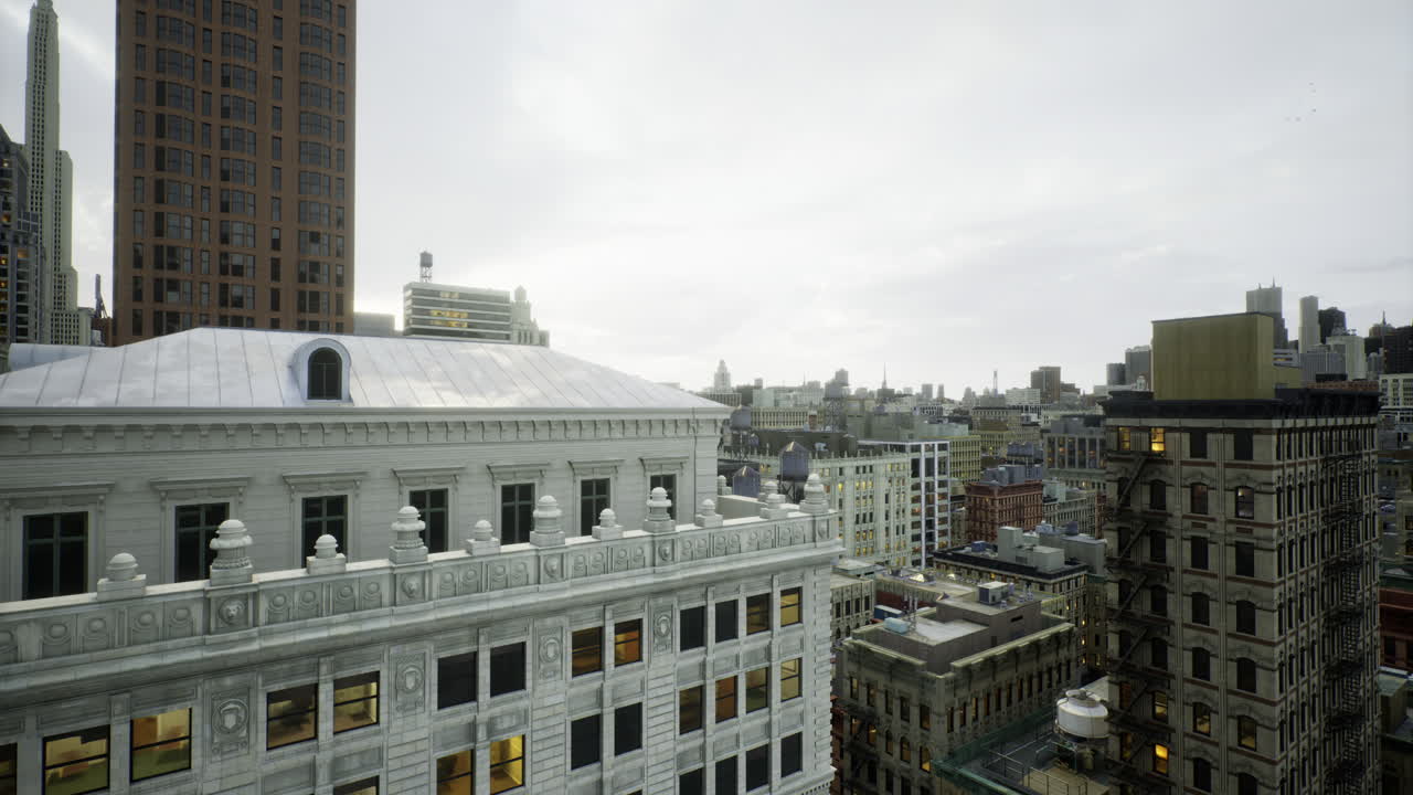 Urban skyline at dawn revealing intricate architecture and city vibrancy
