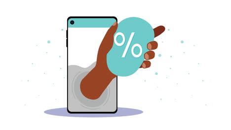 mano con etiqueta de porcentaje en animación de teléfono inteligente