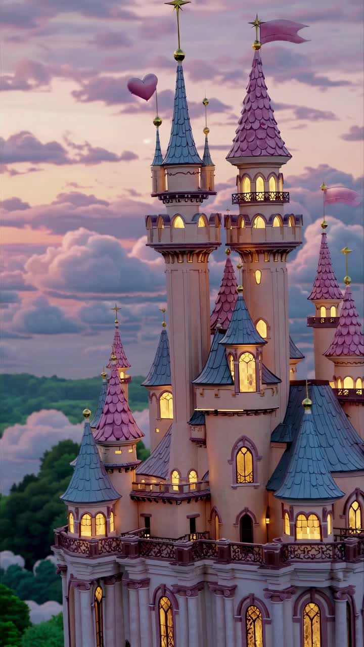 Whimsical fairy tale castle at sunset, captured from a high angle
