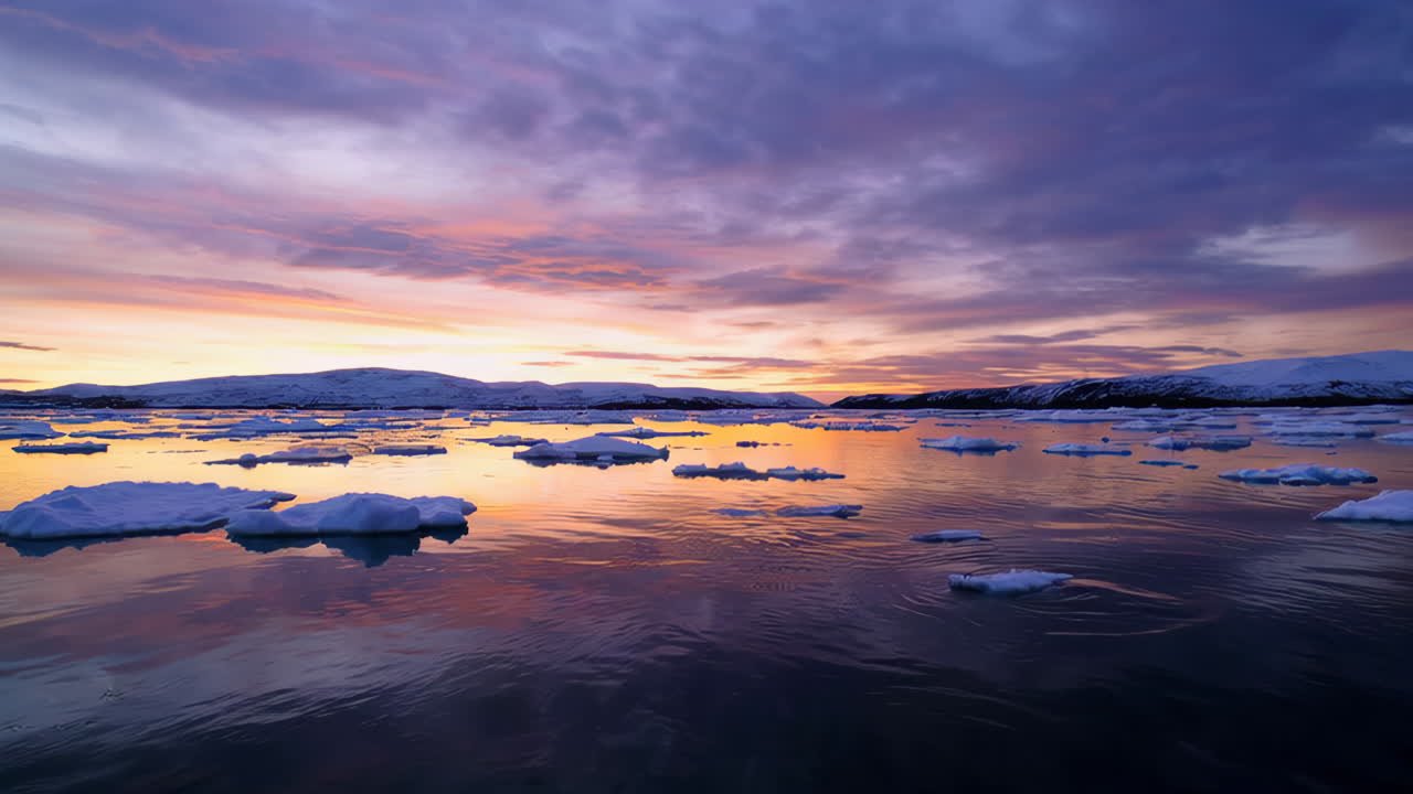 Arctic Icy Waters at Sunset or Sunrise with Colorful Sky