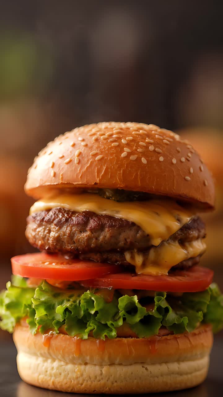 Hamburguesa Jugosa en Primer Plano con Fondo Bokeh 4K