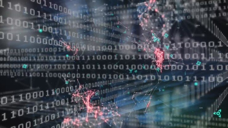 Blå QR-kode med flere linjer af tal og rødt svævende forbindelsesnet på sort og blå baggrund.