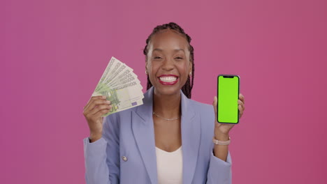 black woman, studio and cash with phone green