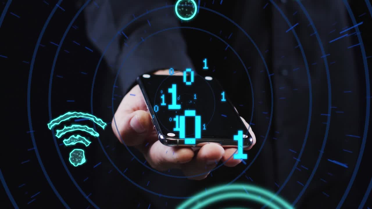 Animation of data processing over man holding smartphone