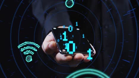 animación del procesamiento de datos sobre el hombre que sostiene el teléfono inteligente.