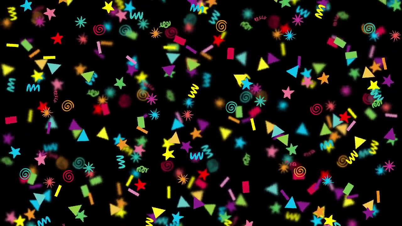 Formas geométricas vibrantes y multicolores y confeti caen continuamente sobre un fondo oscuro.