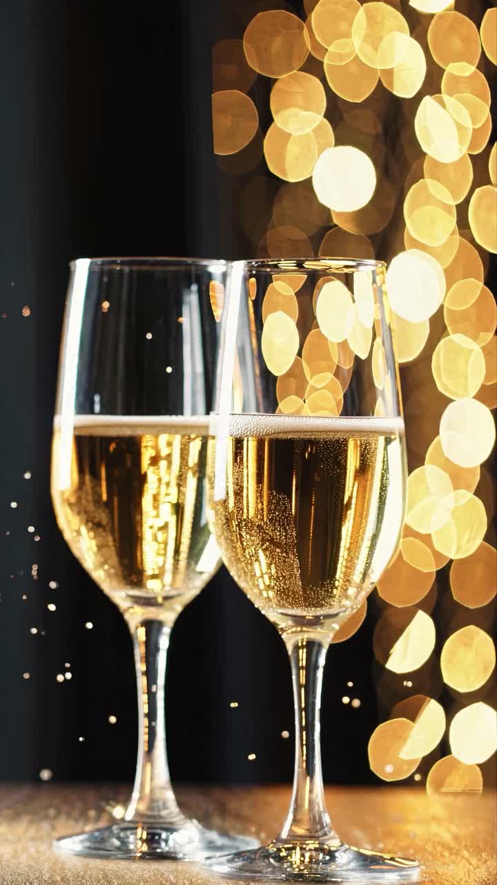 Dos copas de champán enfocadas con un fondo bokeh, capturadas a la altura de los ojos