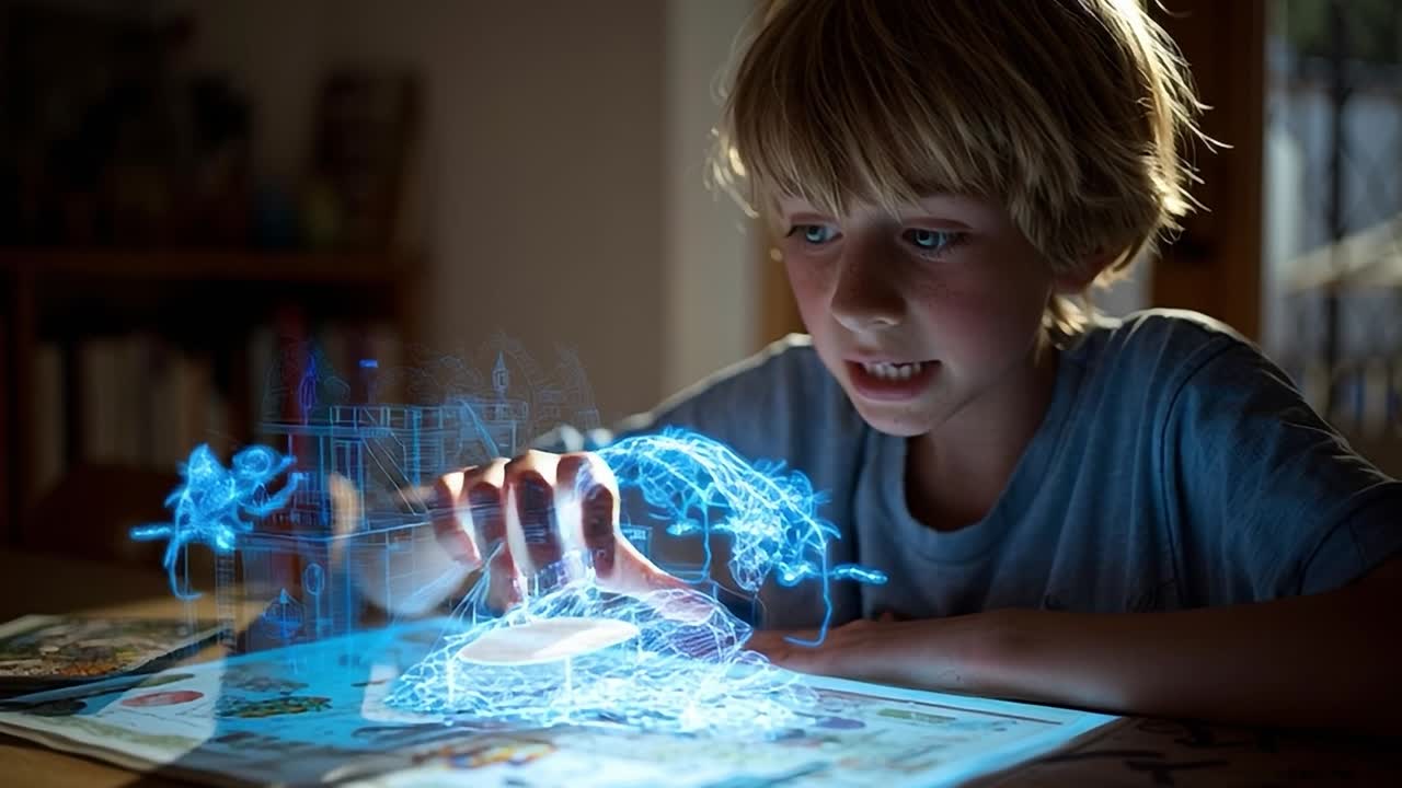 Ung dreng interagerer med holografisk projektion derhjemme