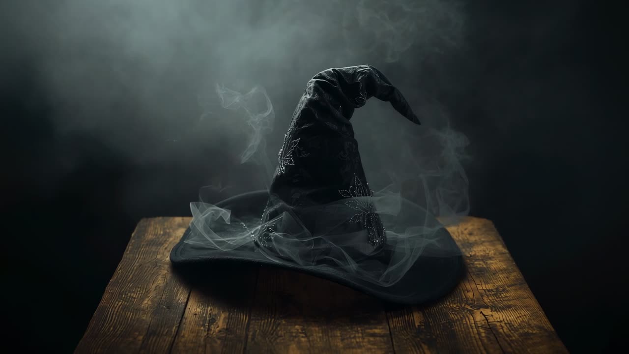 Swirling gray smoke rising from brim of black star embroidered hat on table emerging from shadow