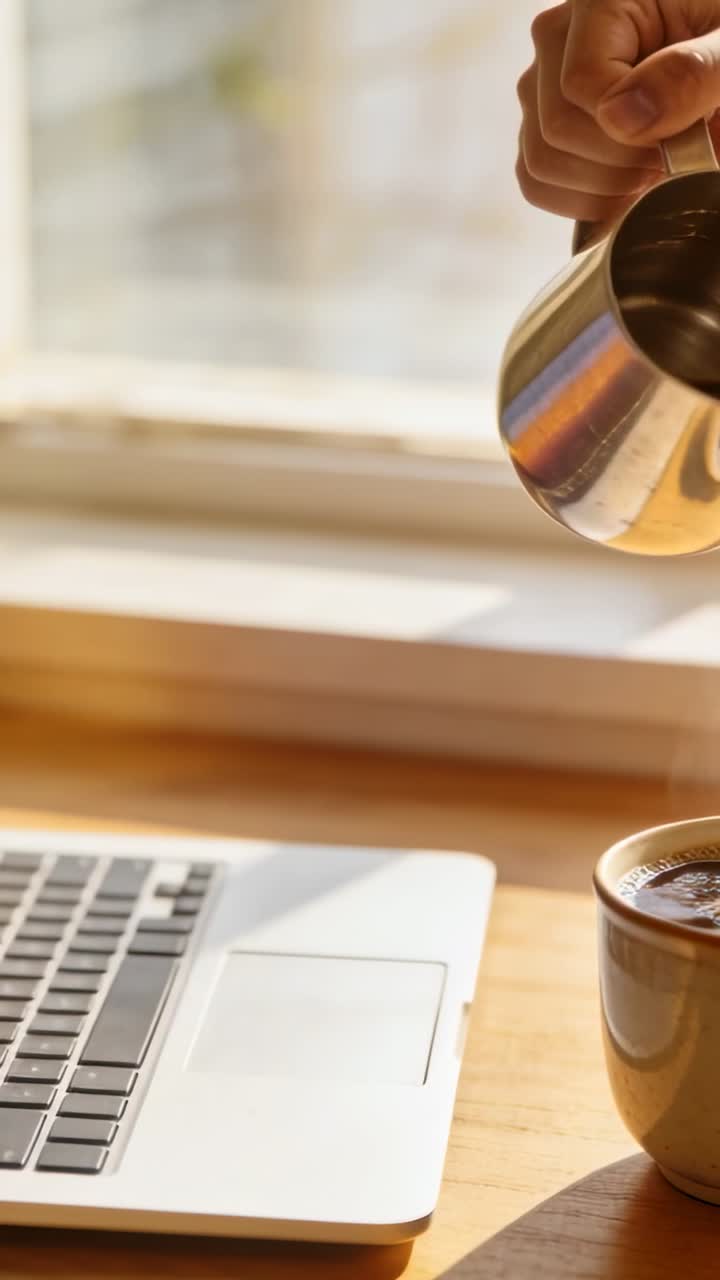 Mano sirviendo café fresco en una taza junto a un portátil