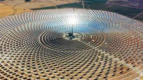 solar panels circular power plants with the reflection of the sunlight in the panels. renewable and pollution-free energy in a solar farm in spain- close-up view with a drone - environmental concept