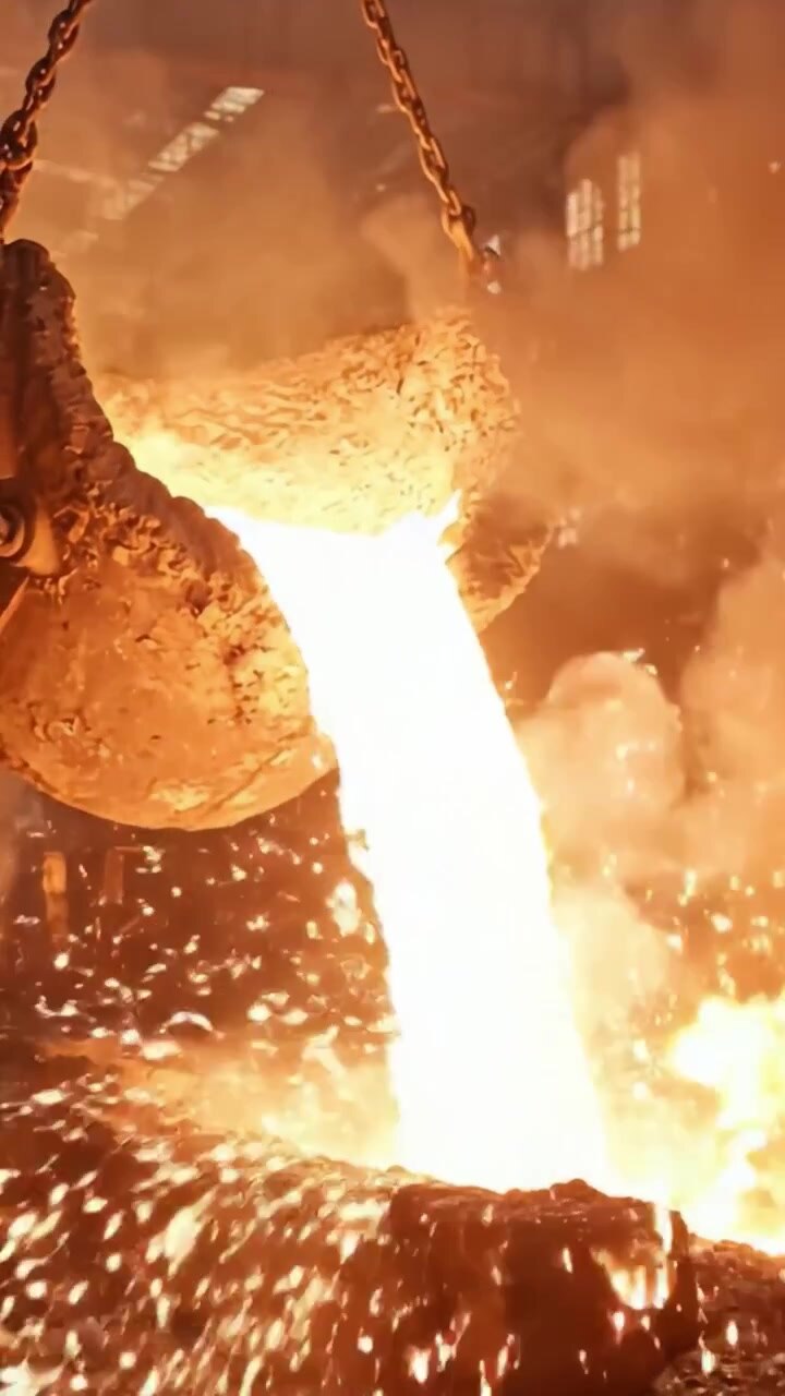 Intense Molten Metal Pouring from a Furnace: Capturing the Power and Heat of Metal Casting in an Industrial Setting