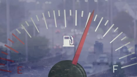 Animation-of-petrol-gauge-over-cityscape