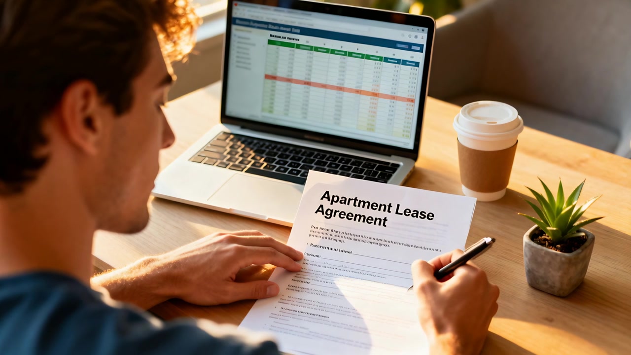 Signing Apartment Lease Agreement after checking laptop, man in blue shirt holding pen at home