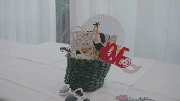 Photo booth accessories displayed in a woven basket on a wedding table