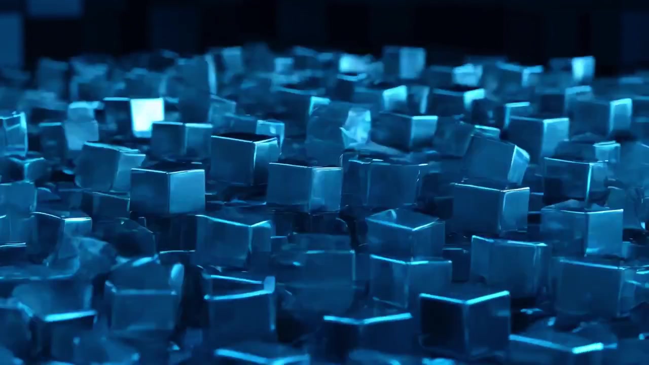 Abstract Animation of Metallic Blue Cubes Moving in Waves