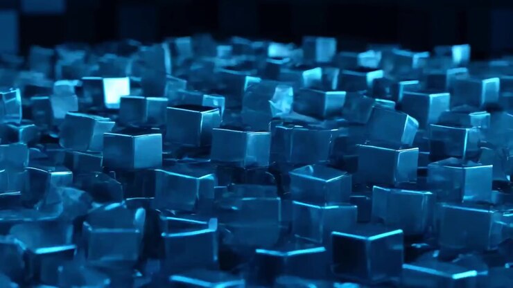 Abstract Animation of Metallic Blue Cubes Moving in Waves