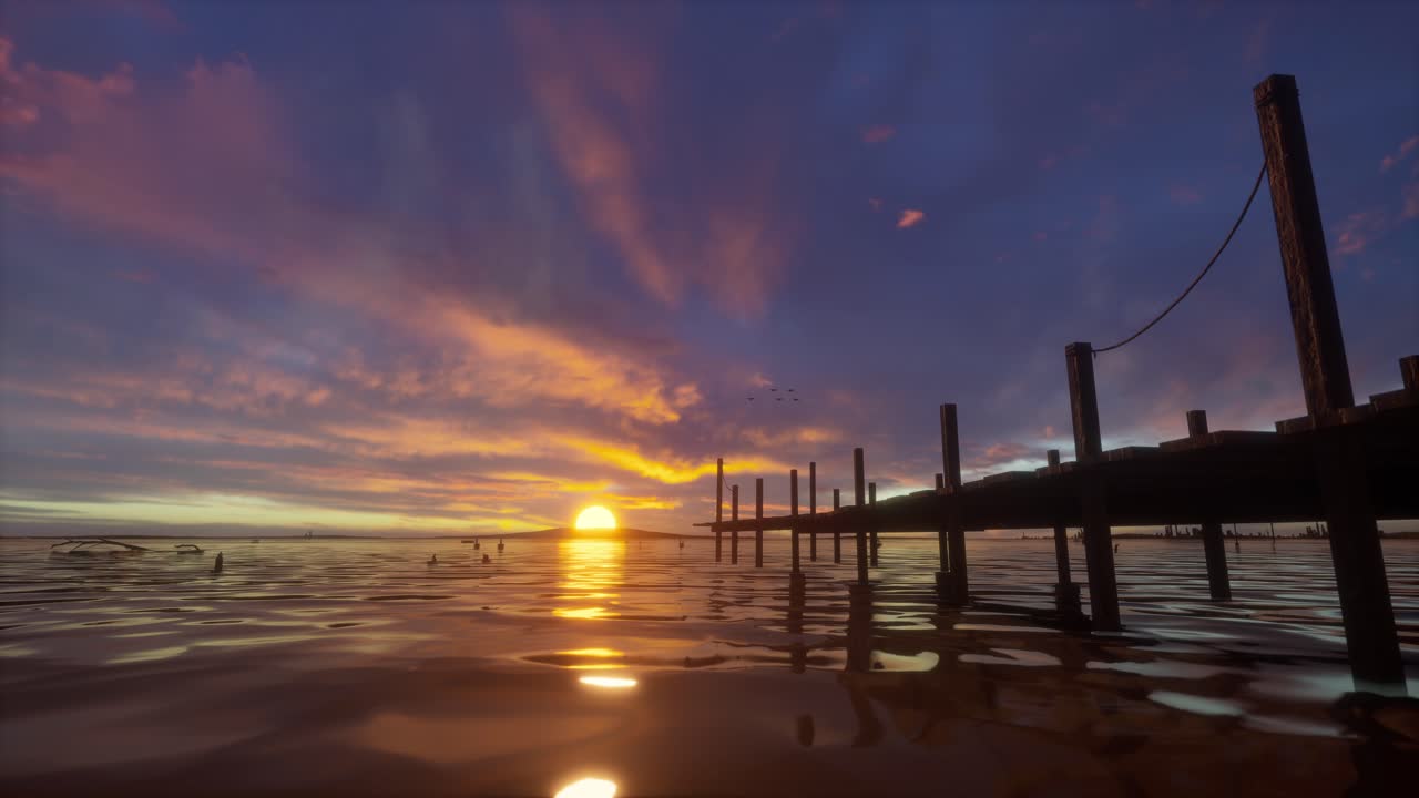 Wooden Pier Extending Into A Lake At Sunset With Vibrant Sky