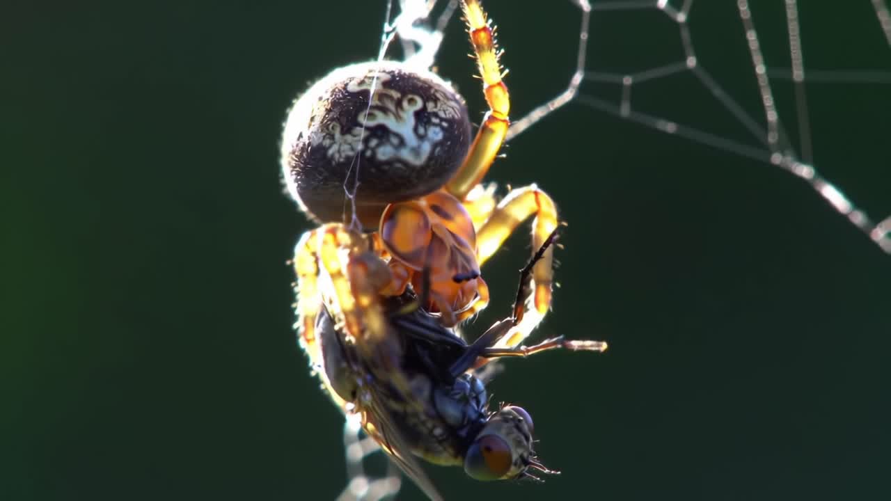 A Close-Up Observation of a Spider Capturing Its Prey in a Web, Showcasing the Intricacy of Nature's Predatory Dynamics