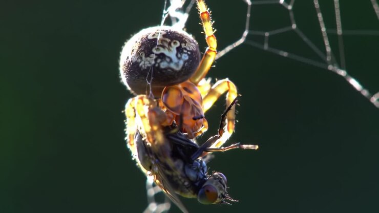 Un'osservazione ravvicinata di un ragno che cattura la sua preda in una ragnatela, mostrando l'intricata dinamica predatoria della natura.