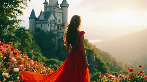 princess in a red dress at a majestic castle