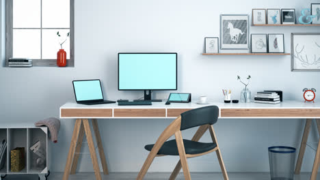 bright, modern home office with a stylish wooden table with electronic devices as pc, notebook, smartphone and table with empty display screens. comfortable workplace, creative working space. hd