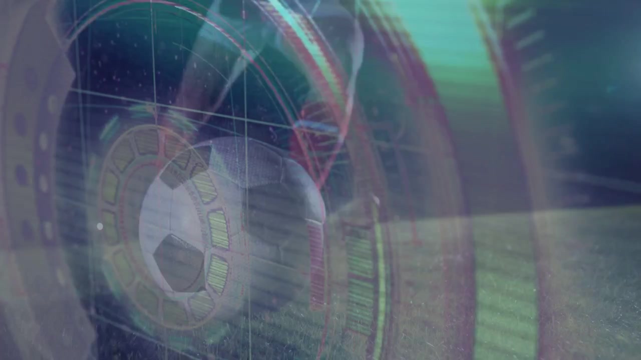 Circular HUD appearing over soccer player, placing foot near ball, nudging it ahead for sports tech