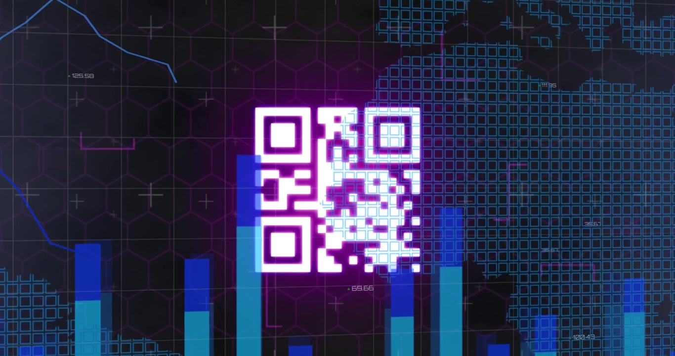 Animation of neon qr code with clock over data processing